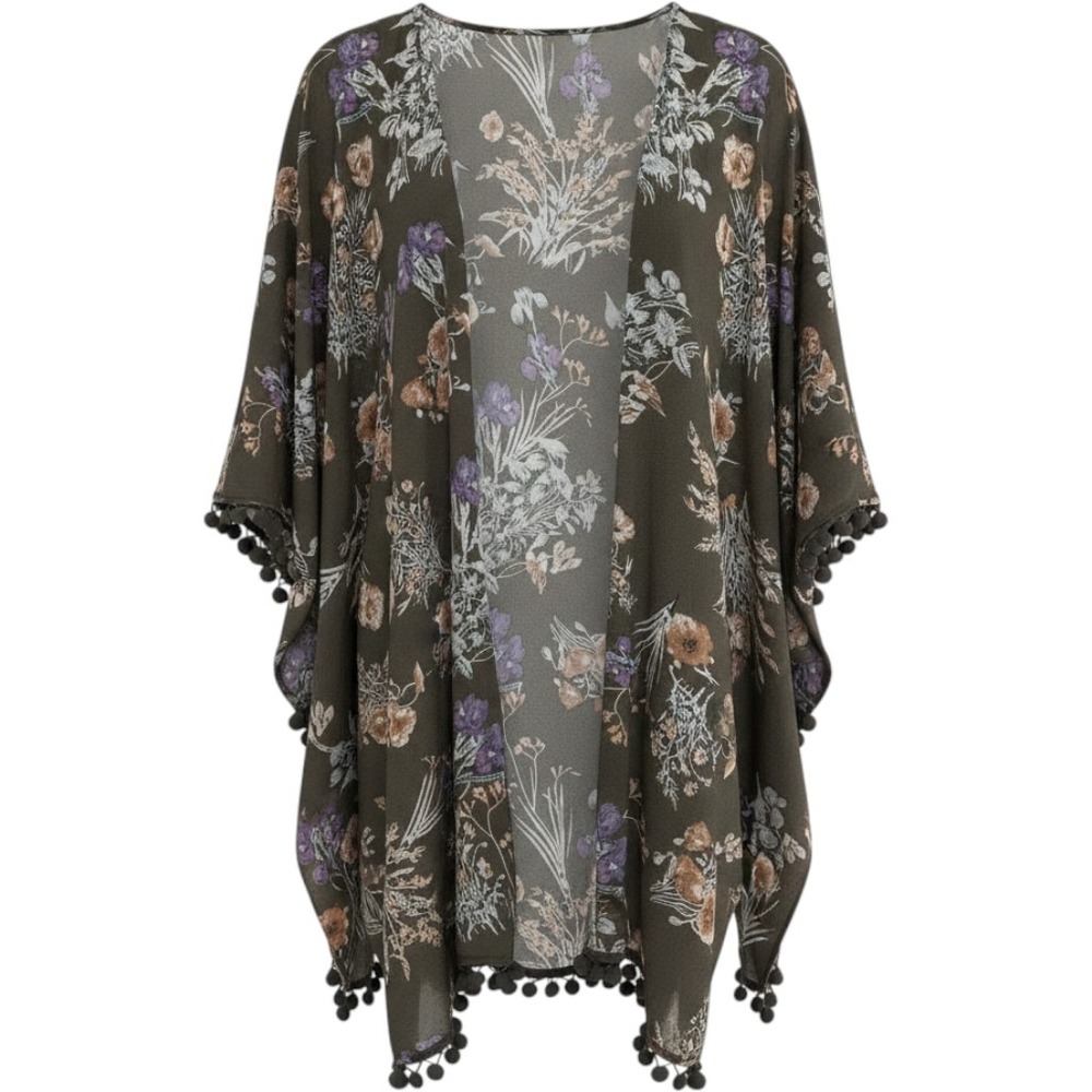 Umgee Kimono Women Olive Green Floral Pom Pom Trim Open Front Cardigan